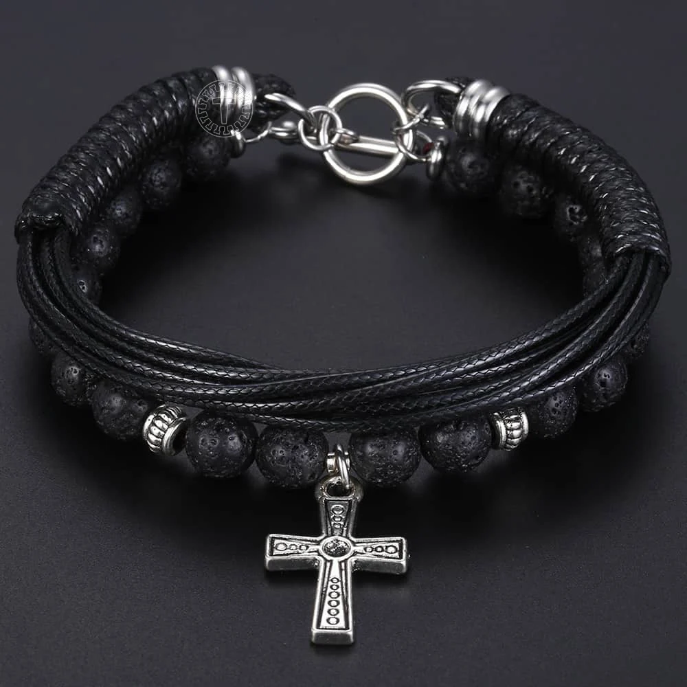 Уникальный мужской браслет из лавового камня и бисера нержавеющей стали с