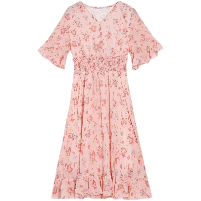 

Women Midi Floral Chiffon Dress Summer 2021 Runway Cute Girl Boho Vinatge Fairy Casual Beach Vacation Party Night Vestidos