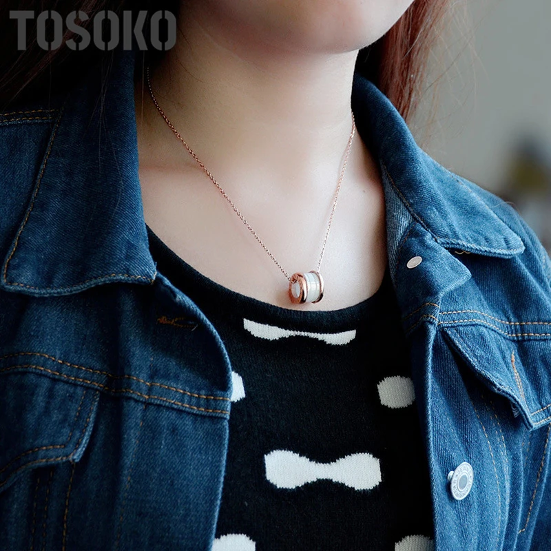 

TOSOKO Fashion Titanium Steel Ceramic Letter Necklace For Women Stainless Steel Jewelry Necklace Gift BSP170