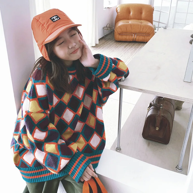 

Детский пуловер; Свитер; Сезон осень-зима; Новинка; Разноцветный Свободный вязаный свитер в клетку для девочек; Модная универсальная детска...