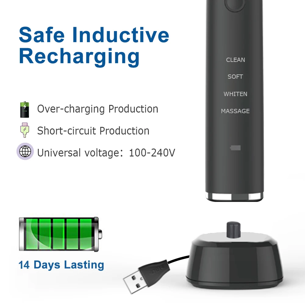 Электрическая зубная щетка USB Индуктивная зарядка звуковая зубная щетка для взрослых электрическая звуковая зубная щетка черная 8 щеток и Дорожный Чехол