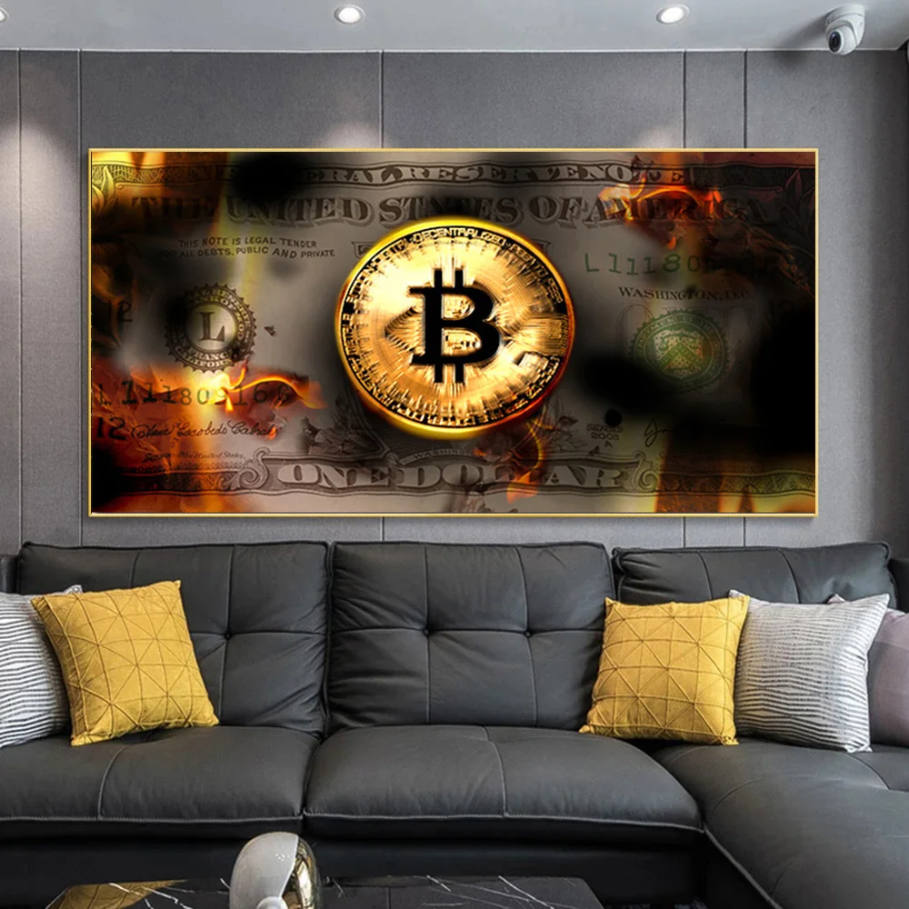 

Burning Dollar Bitcoin Canvas Painting Inspirational Money Art Posters and Prints Wall Art Picture for Living Room Decor Cuadros