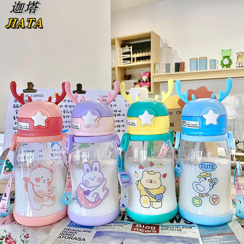 

Water Bottle Cute Sling Plastic Water Cup Easy To Open Lid Straw Baby Learn To Drink Water Cup Anti-choke Children Water Bottle