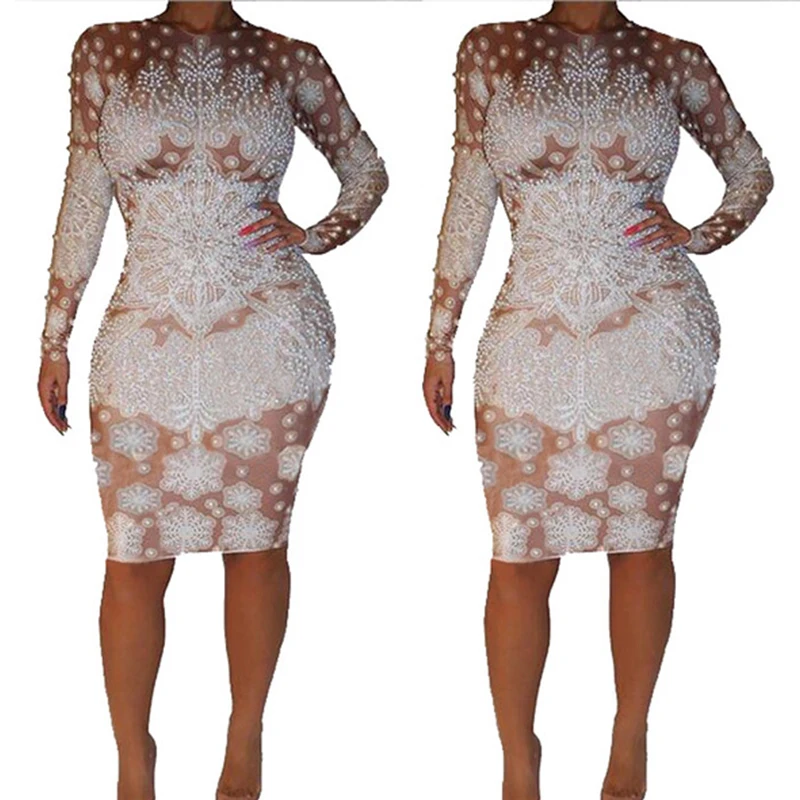 Женское вечернее платье с жемчужным принтом длинным рукавом|Танцевальный костюм