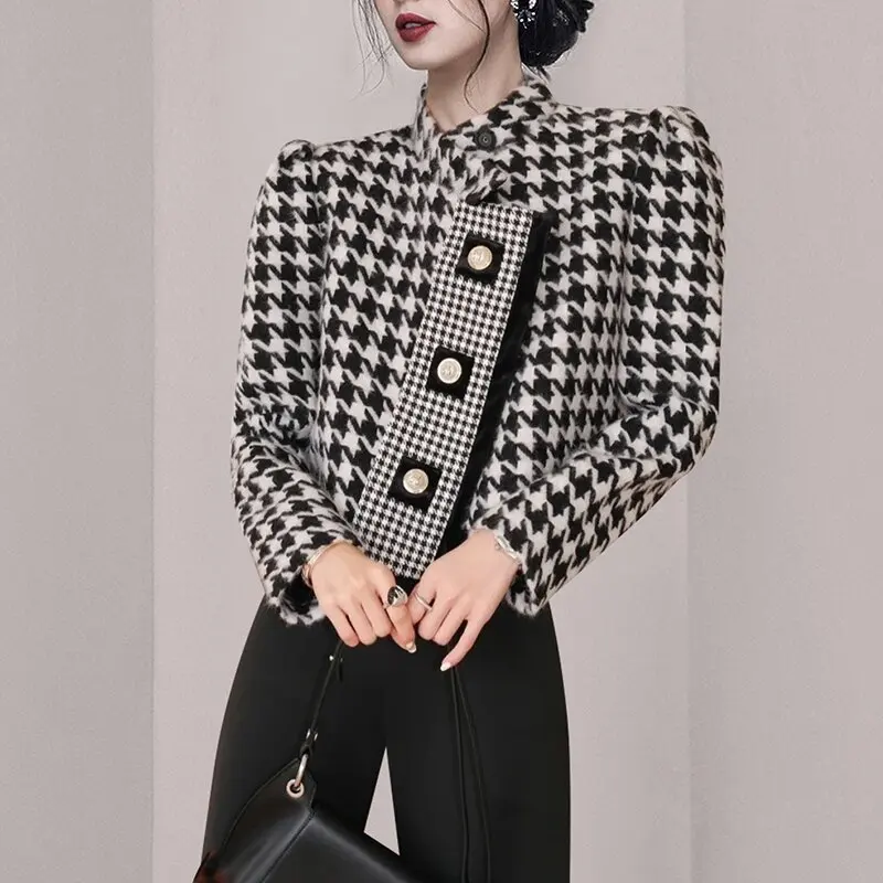 

Short Houndstooth Tweed Jackets for Women 2021 Vintage Single-breasted Wool Coat Female Autumn Winter Clothes