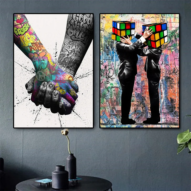 

Street Graffiti HD Art Posters Couple Holding Hands Canvas Paintings Graffiti Head with Box Wall Print Pictures for Home Decor