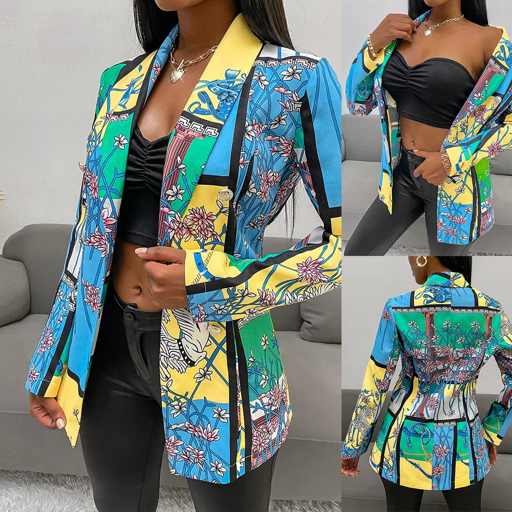 

Women Blazer All-Match Jacket Suit Retro Geometry Printed Lady Coat Tops Long Sleeve Office Ol Coat Blazer Female Autumn Winter