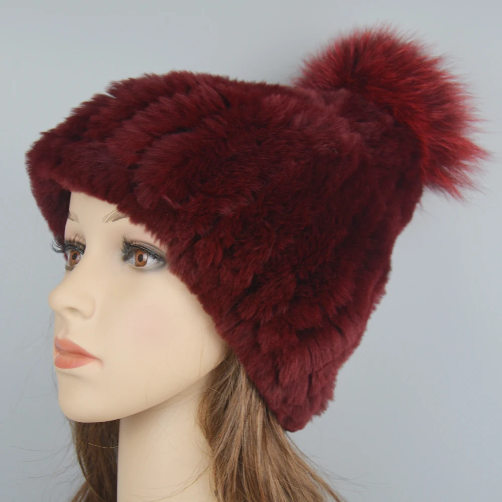 

2021 New Winter Russian Natural Rex Rabbit Fur Hat Women Elasitc Warm Handmade Knitted Real Fur Hats Fox Fur Pompoms Beanies Cap