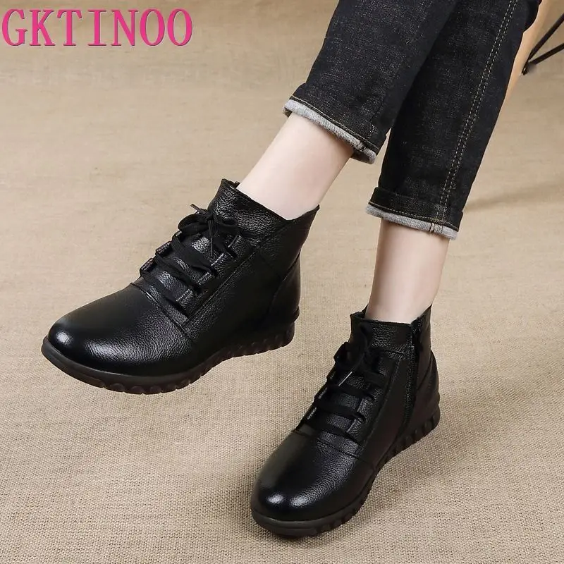 Ботильоны GKTINOO женские из натуральной кожи меховая обувь на плоской подошве