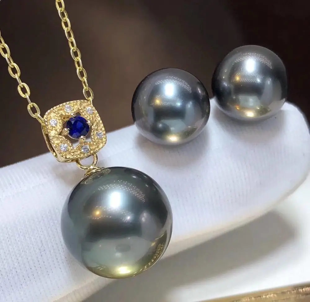 D123 ювелирные украшения 18 К золото натуральный черный жемчуг Таити 9-12 мм Женские