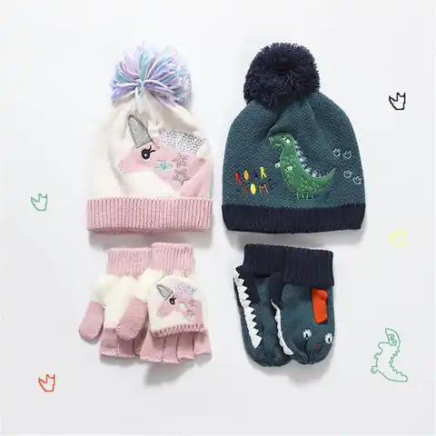 Детская зимняя шапка, перчатки, комплекты из 2 предметов для девочек, шапка с единорогом для маленьких мальчиков, Детская вязаная Толстая ша...