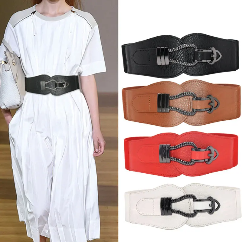 

Decorative Double Buckle Belt Fashion Wide Waistbands Stretch Decorative Double Women Elastic Solid Color Waist Seal Waist Belt