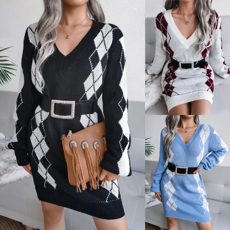 2022 Spring New Arrival Plaid Sweater Dress Women Long Sleeve V-neck Casual Knitted Clothes Blue White Black