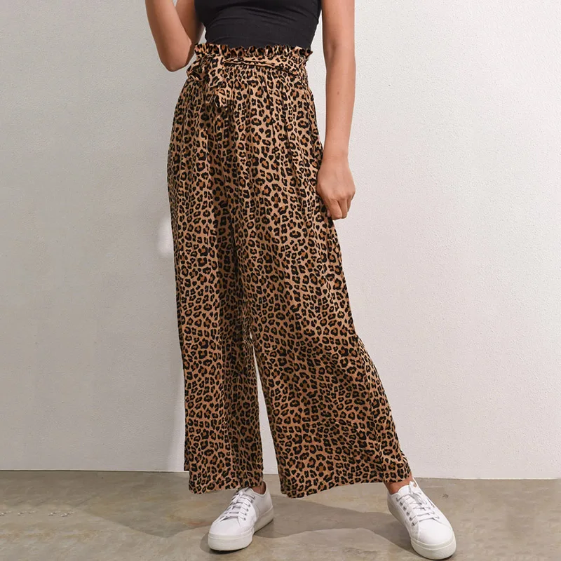 

MosiMolly 2021 Trendy Print Wide Leg Pants Women Elastic Waist Pants Female Trousers Boho Beachwear Long Pants