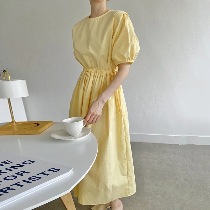 

Korea Chic Casual Trend Women Solid Color O Neck Tie Wide Loose Fashion Pleated Puff Sleeve Dress Summer 2021 16E1213
