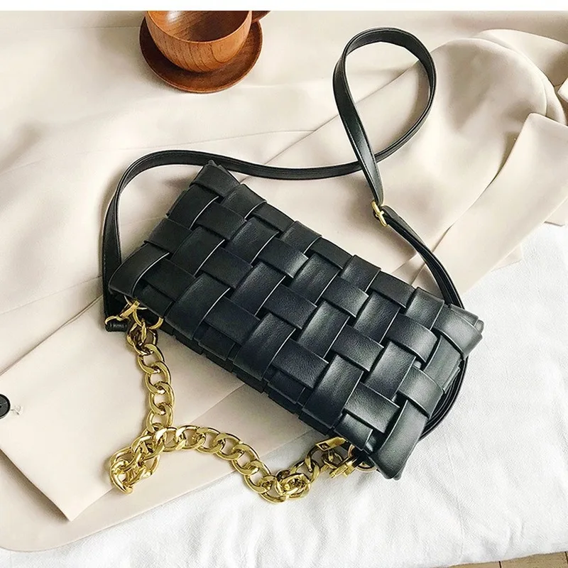 

Weave Design PU Leather Crossbody Bags for Women 2020 Luxury Solid Color Shoulder Handbags Chain Cross Body Bag Baguette Luxury