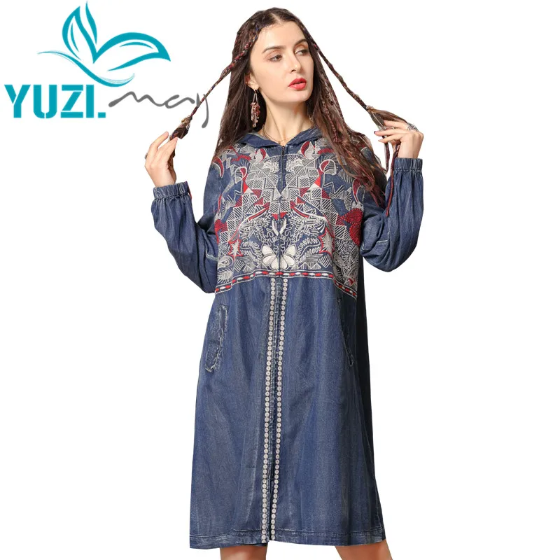 Женское джинсовое пальто с капюшоном Yuzi.may Boho длинное винтажной вышивкой на
