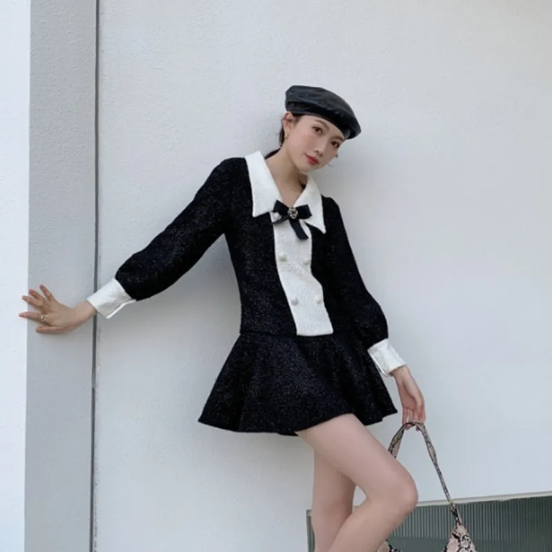 

Lantern Sleeve Elegant Tweed Short Dress Women Black White Mixed Color Lapel Buttons Ruffle Ladies Bowknot A-Line Dress Spring