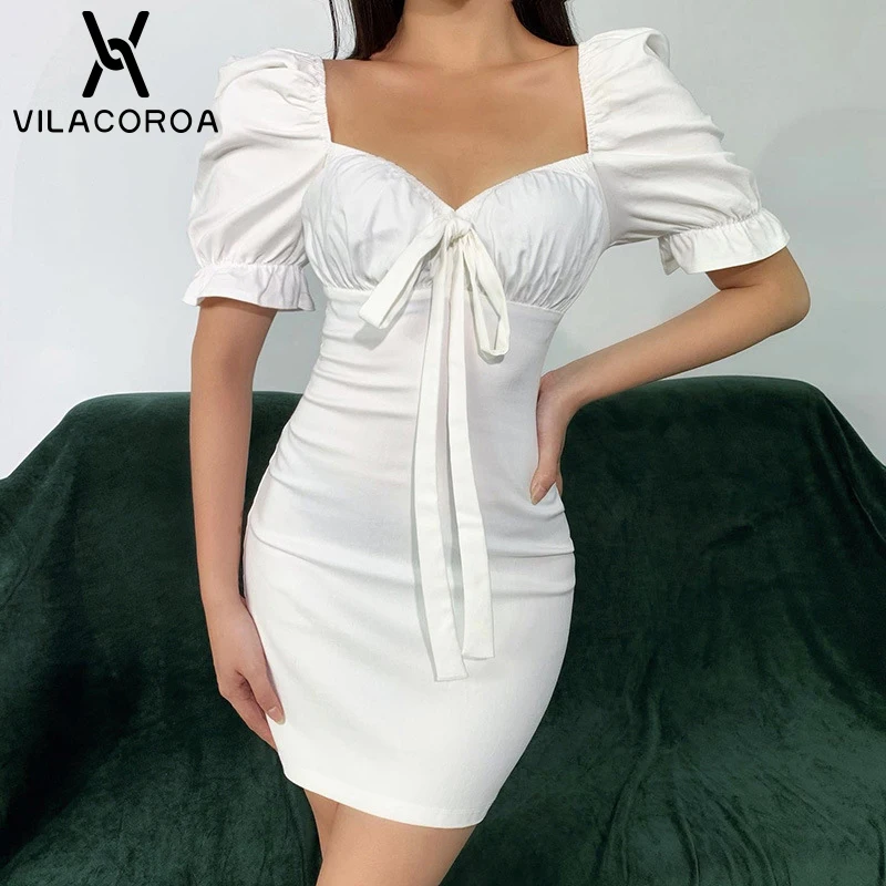 

Square collar French white vintage bubble short-sleeve women dress elegant bandage ruffle slim dresses street party dress female