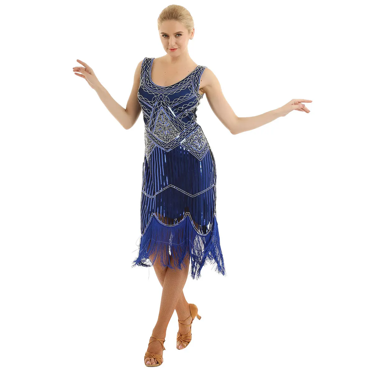Womens Glitter Reflective Beaded Summer Dress for Jazz Dance Wear Fringed Tassels Hem Flapper Cocktail Leotard |