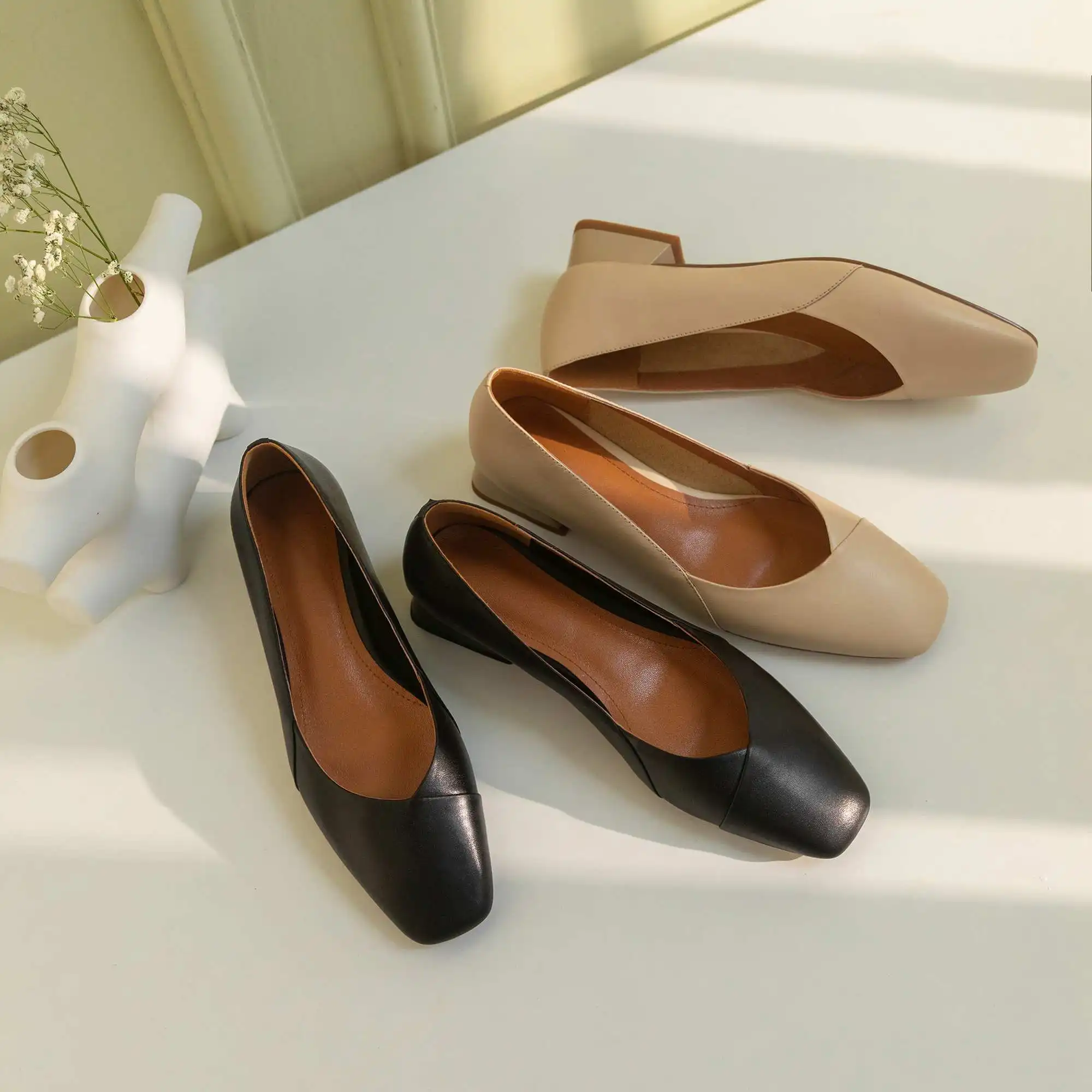 

Krazing Pot simple style full grain leather shallow handmade square toe low heel slip on convenient pretty girls women pumps L11