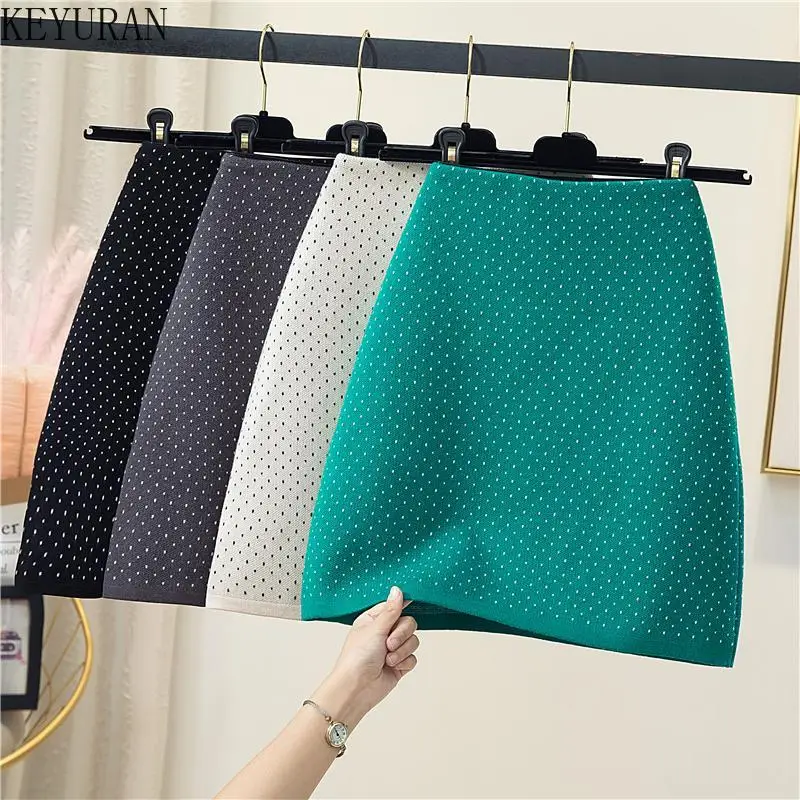 

Sexy Women Knitted Skirt Autumn Elastic High Waist Chic A Line Ladies Green Dots Pockets Hip Mini Skirts
