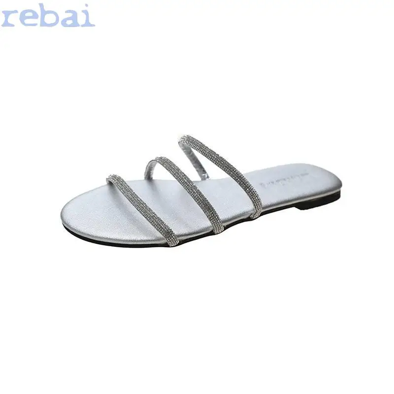 

2021 spring/summer new three-layer rhinestone flat bottom non-slip durable women's beach sandals outdoor wild casual slippers