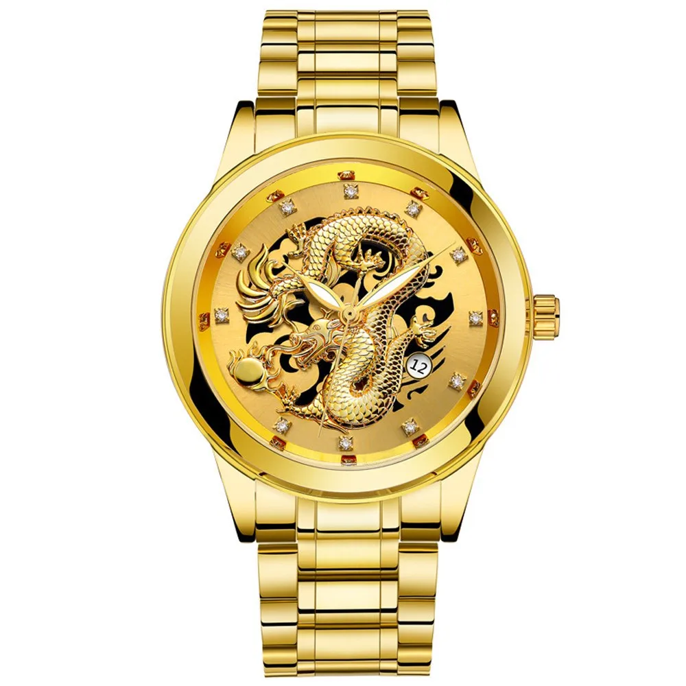 

Quartz Watch Men Fashion Waterproof Gold Dragon Sculpture Watches Mens Luxury Steel Wristwatch relojes hombre 2021 modernos