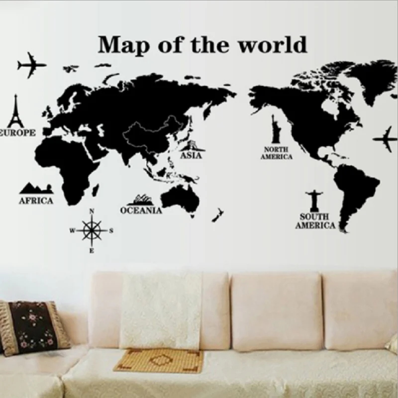 

1 Set Home Decoration Sticker for Wall/Cabinet PVC Self-adhensive 60*90cm Black World Map Home Decoration Wall Art Living Room