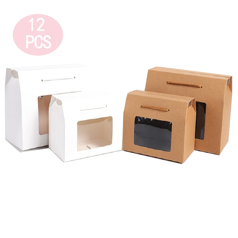 

12 шт. Ручные подарочные коробки из крафт-бумаги с веревкой, прозрачное окно для свадебного украшения, упаковка для дня рождения