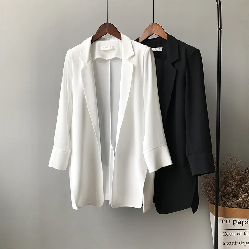 

Women Suit Coat High Quality 2021Autumn New Thin Chiffon Solid Casual Autumn Blazers Black White Office Lady Plus Size Clothing