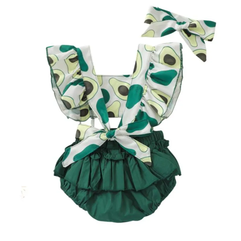 

Baby Girls 2Pcs Summer Outfits Ruffle Sleeve Avocado Print Backless Romper with Headband Set Fashion Summer Romper 0-24 Months