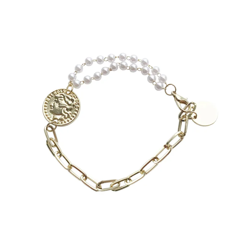 

2021 New Vintage Portrait Coin Pendant Pearl Bracelet for Women Handmade White Strand Beaded Cuff Female Fashion Party Jewelry
