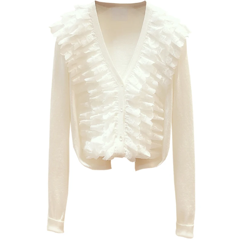 

Cardigan 2020 Autumn Woman's New Lace Stitching Woolen Knit Cardigan Coat Women's Design Thin Sweaters Cropped Jumper Slim