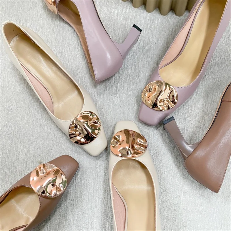 

Prova Perfetto Square Toe Metal Decoration High Heels Shoes Woman Fashion Office Lady Genuine Leather Shallow Wedding Shoes 2021