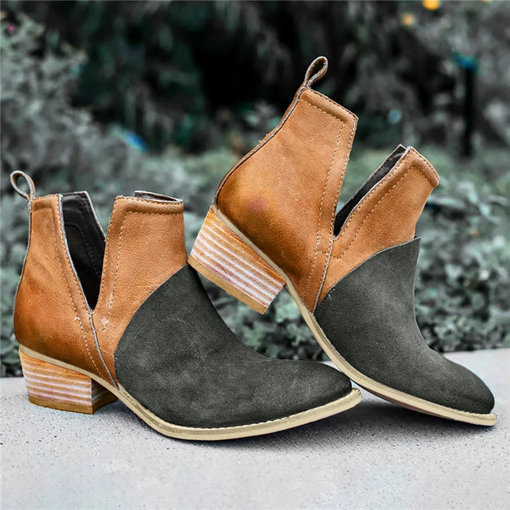 

Hot Sale Women's Ankle Boots Autumn Winter Comfortable Low Heels Shoes Fashion Ladies Deep V Western Pointed Toe Boots