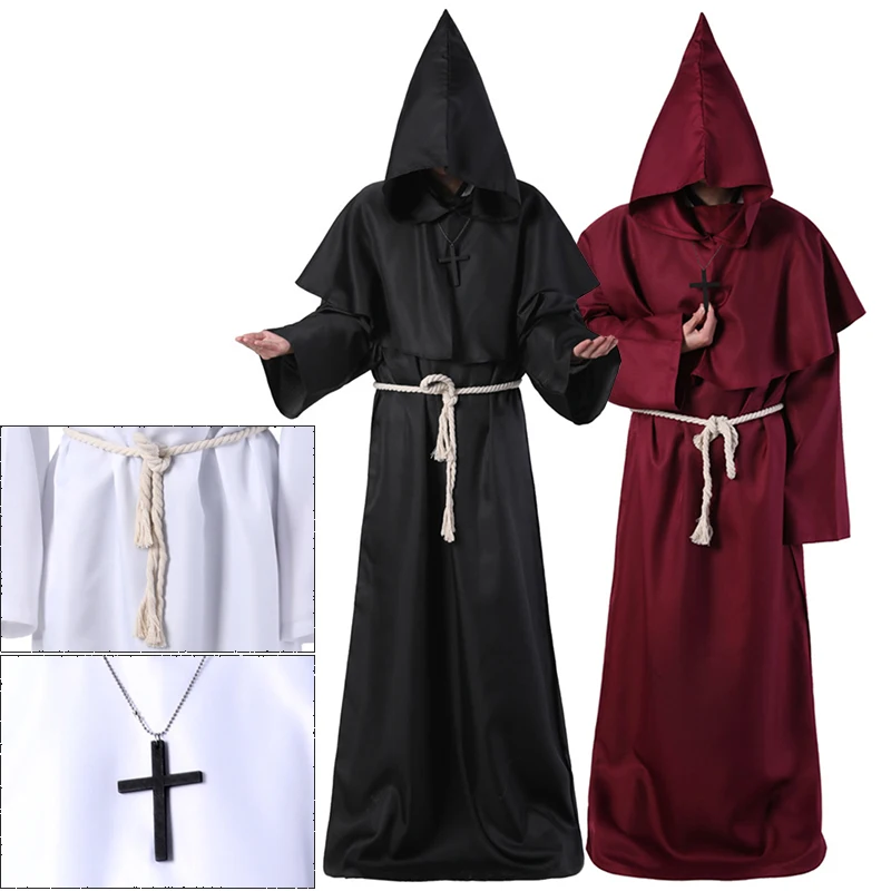 New Wizard Costume Halloween Cosplay Costume Medieval Hooded Robe Monk Friar Robe Priest Costume Ancient Clothing Christian Suit