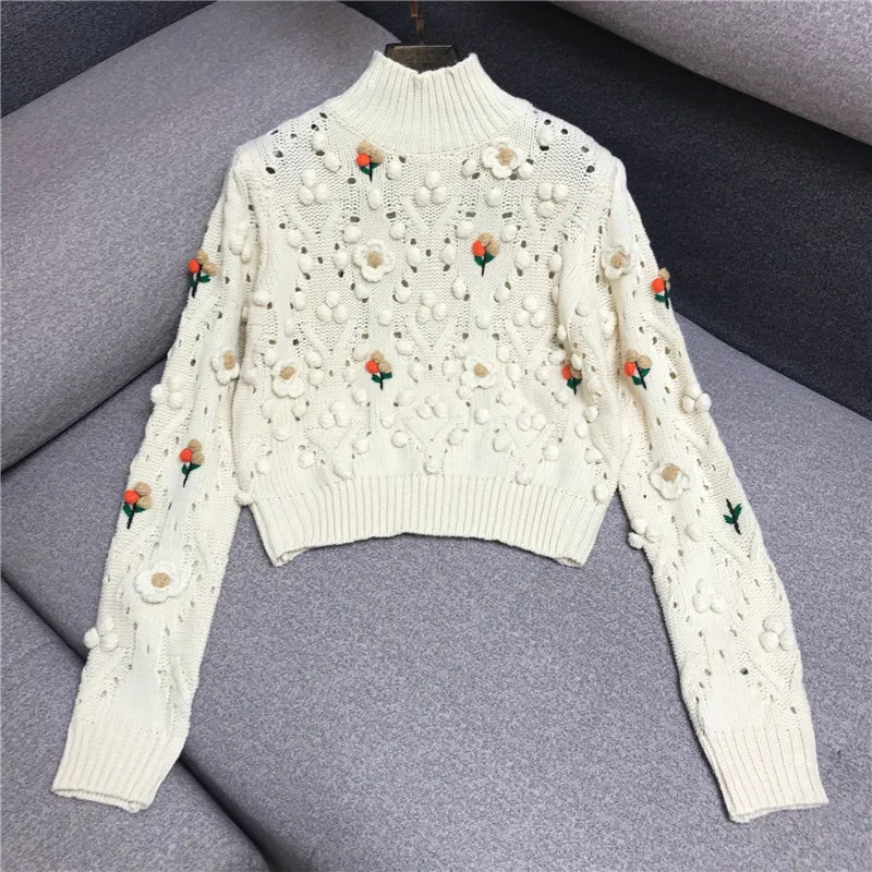 

Blusas De Inverno Feminina пончо пуловер Feminino Новый свитер Для женщин ручной вязки трехмерные цветы полые с высоким, плотно облегающим шею воротником