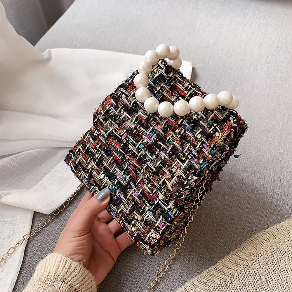 Ретро клетчатая жемчужная сумка через плечо для женщин модная шерстяная