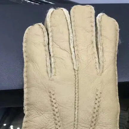 Light Brown Зимние перчатки из натуральной овчины для мужчин и женщин, парные перчатки из натуральной овчины и кашемира, теплые кожаные перчатки на весь палец - Цвет: Light Brown