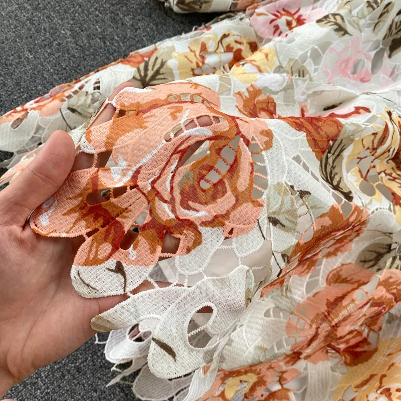 

Croysier 2021 Runway Fashion Vintage Floral Lace Dress Women Elegant Stand Collar Long Puff Sleeve Vacation Mini Dress With Belt