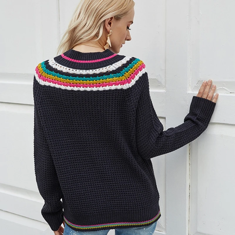 Женские осенние толстый вязаный свитер в этническом стиле Цвет блок Радуга