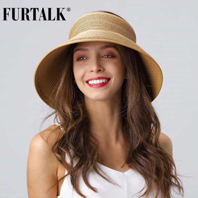 Женская Соломенная шляпка FURTALK Пляжная с широкими полями и солнцезащитным
