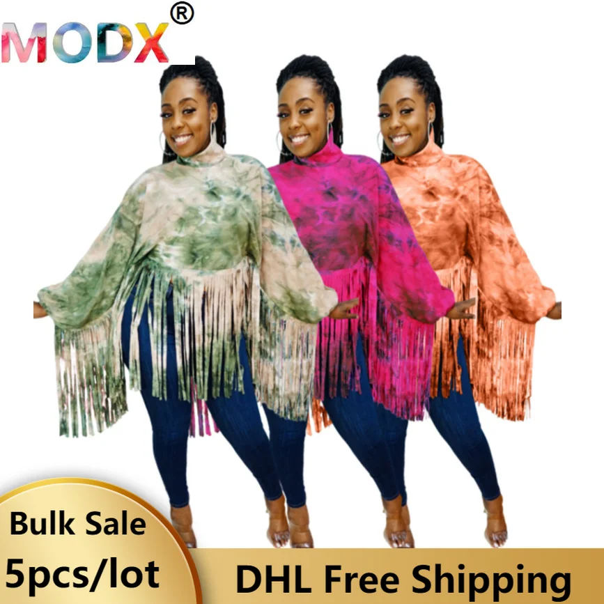 

Fashion Women Tie Dyed Tassel Capes Long Sleeve Cloak Loose Pullover Tops Fall Winter Clothes Wholesale Items Bulk Lots 6618