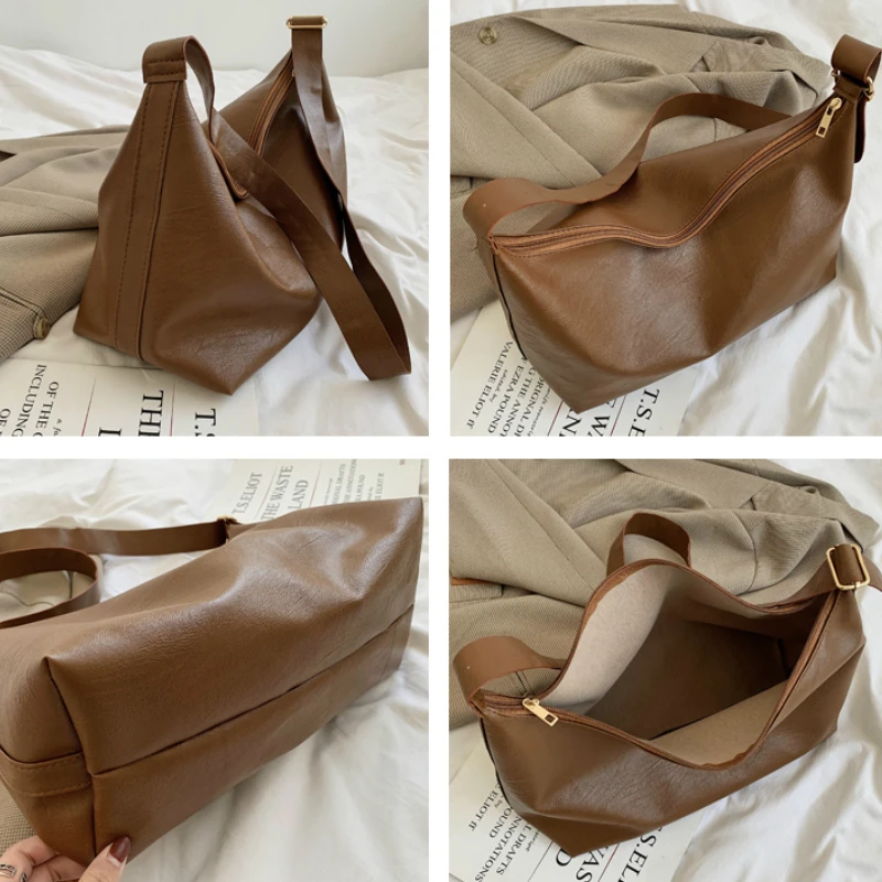 

Shoulder Bags Women Large Capacity Tote Bucket Crossbody Bag Solid PU Leather Simple Fashion Korean Style Ulzzang Vintage Retro
