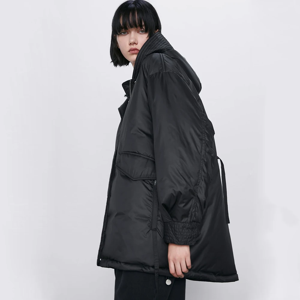 Ladyfirsy ZA хлопковые пальто 2019 зимние женские простые черные с капюшоном утепленные