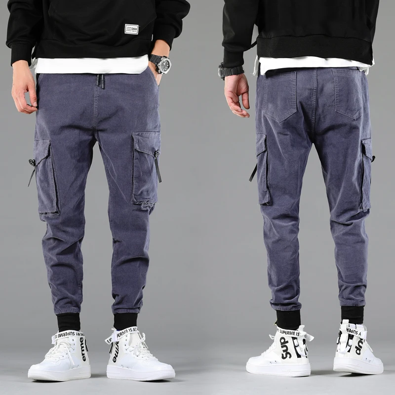 Джинсы мужские вельветовые с множеством карманов винтажные брюки-карго Slim в