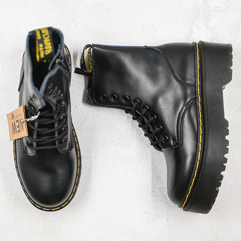 Женские кожаные ботильоны Dr.Martens черные ботинки на толстом каблуке с боковой