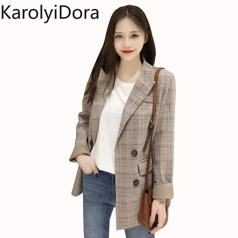 

Women Plaid Blazer Jacket 2020 Spring Autumn Fashion Female OL Casual Loose Double Breasted Suits Jackets Outwear Coat Plus Size