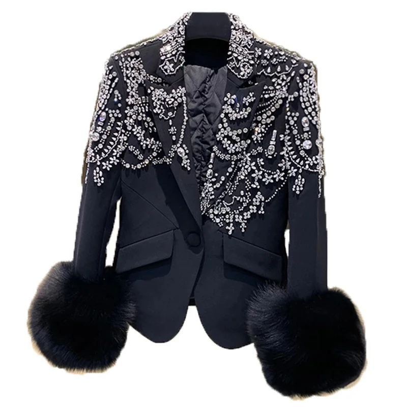 

SHZQ Women Autumn Jacket Fashion Luxury European Suit Coats with Real Fox Fur Cuff Diamonds Female Black Slim Outwear Lady Cloth